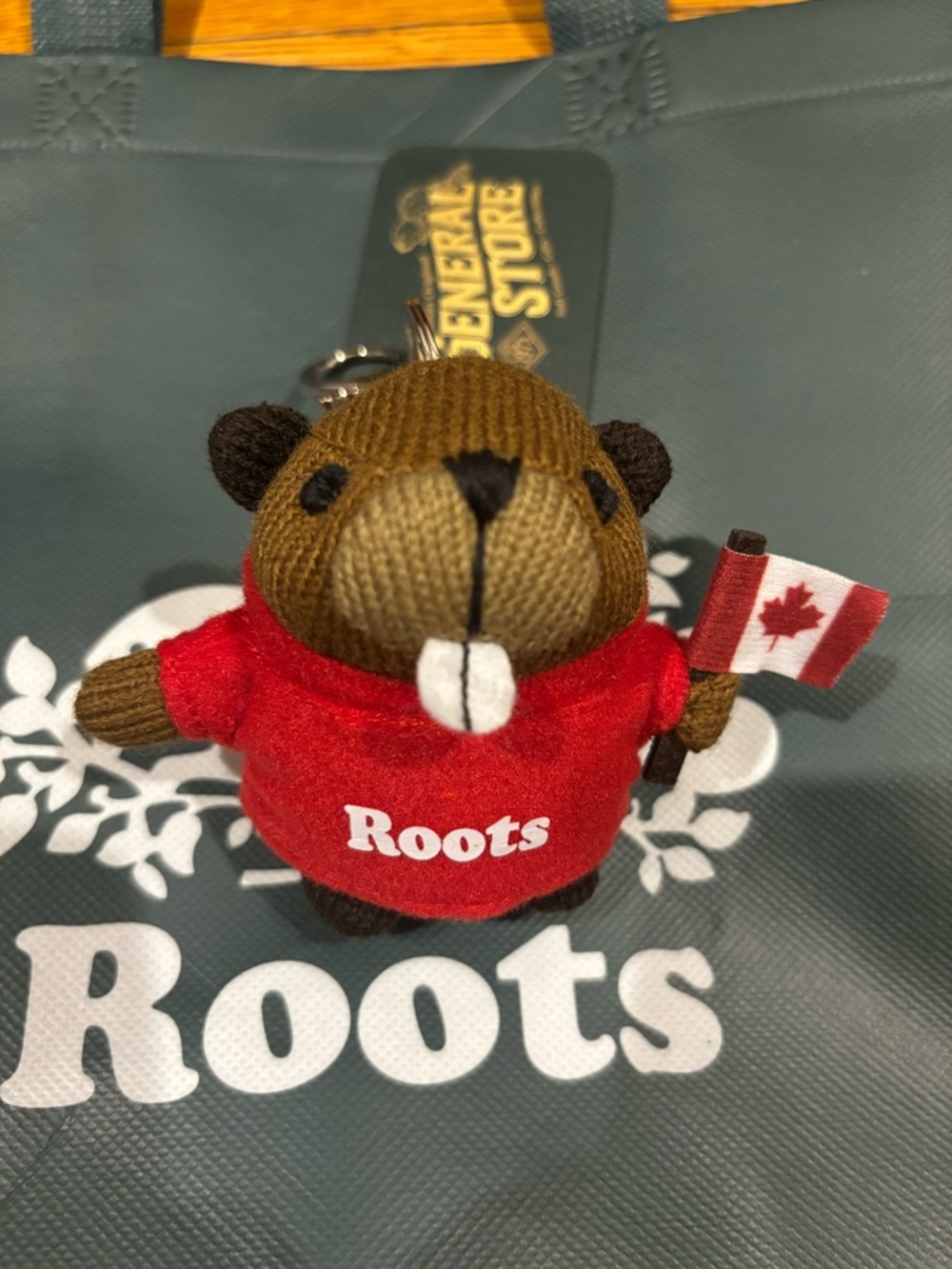 Roots Brown Beaver Plush Keychain with Red Sweatshirt and Canadian Flag